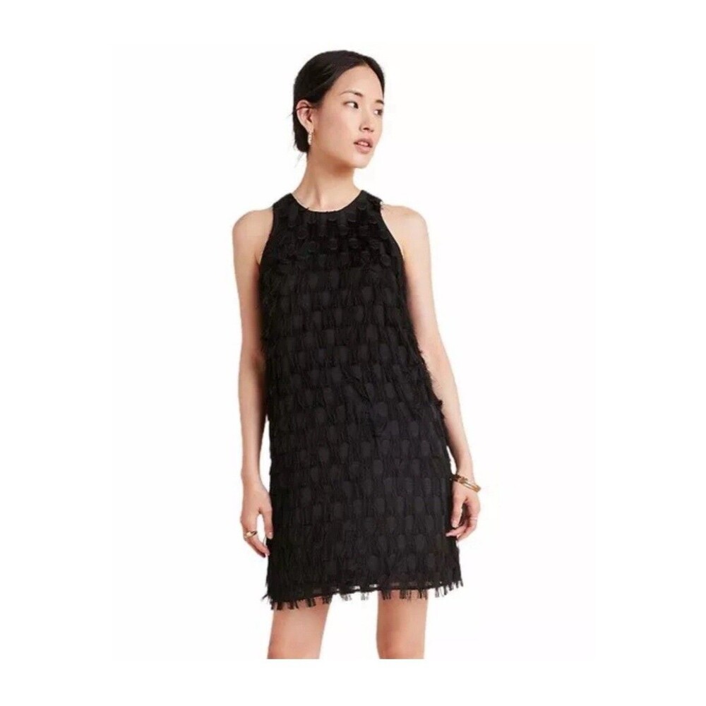 Anthropologie Roxie Black Textured Fringe Dot Shift Mini Dress LBD Sz 2
